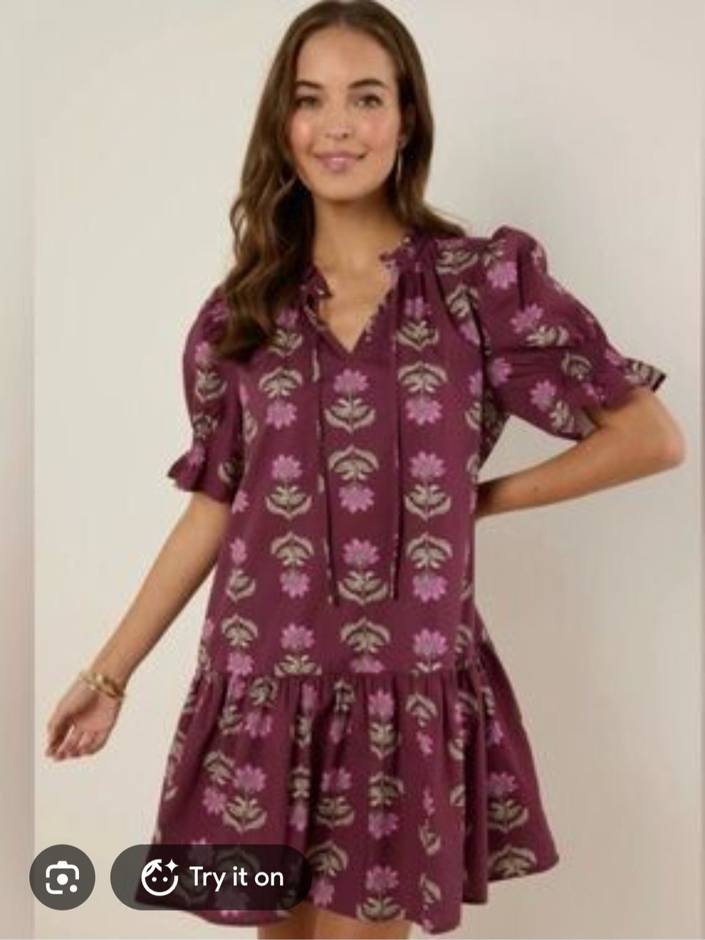 Entro Ariel Plum Floral Tie-Neck Tiered Babydoll Cotton Mini Dress. Size L